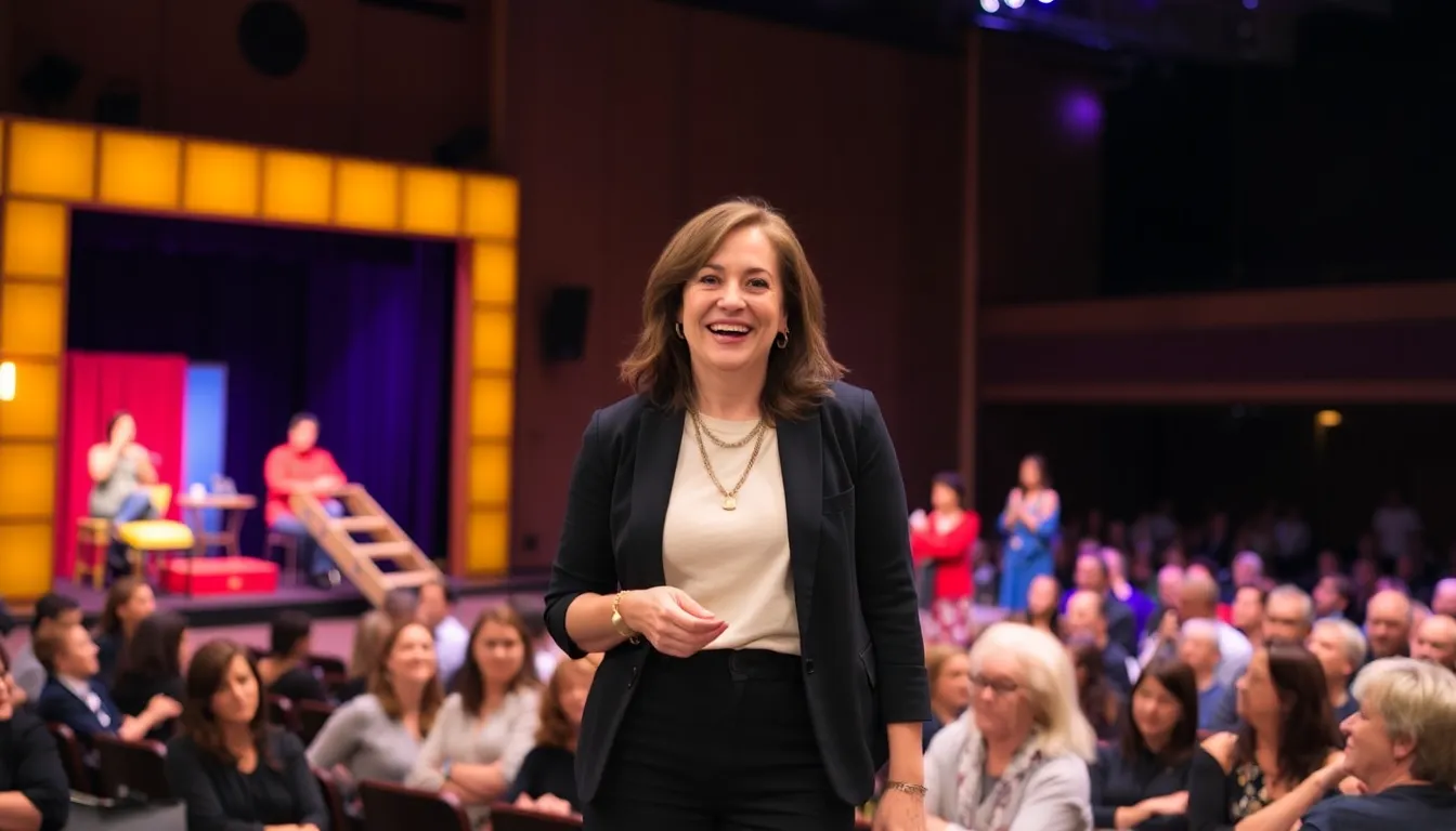 Mariska Hargitay engages with the audience during a rehearsal, demonstrating her ability to connect with spectators in this unique theatrical experience