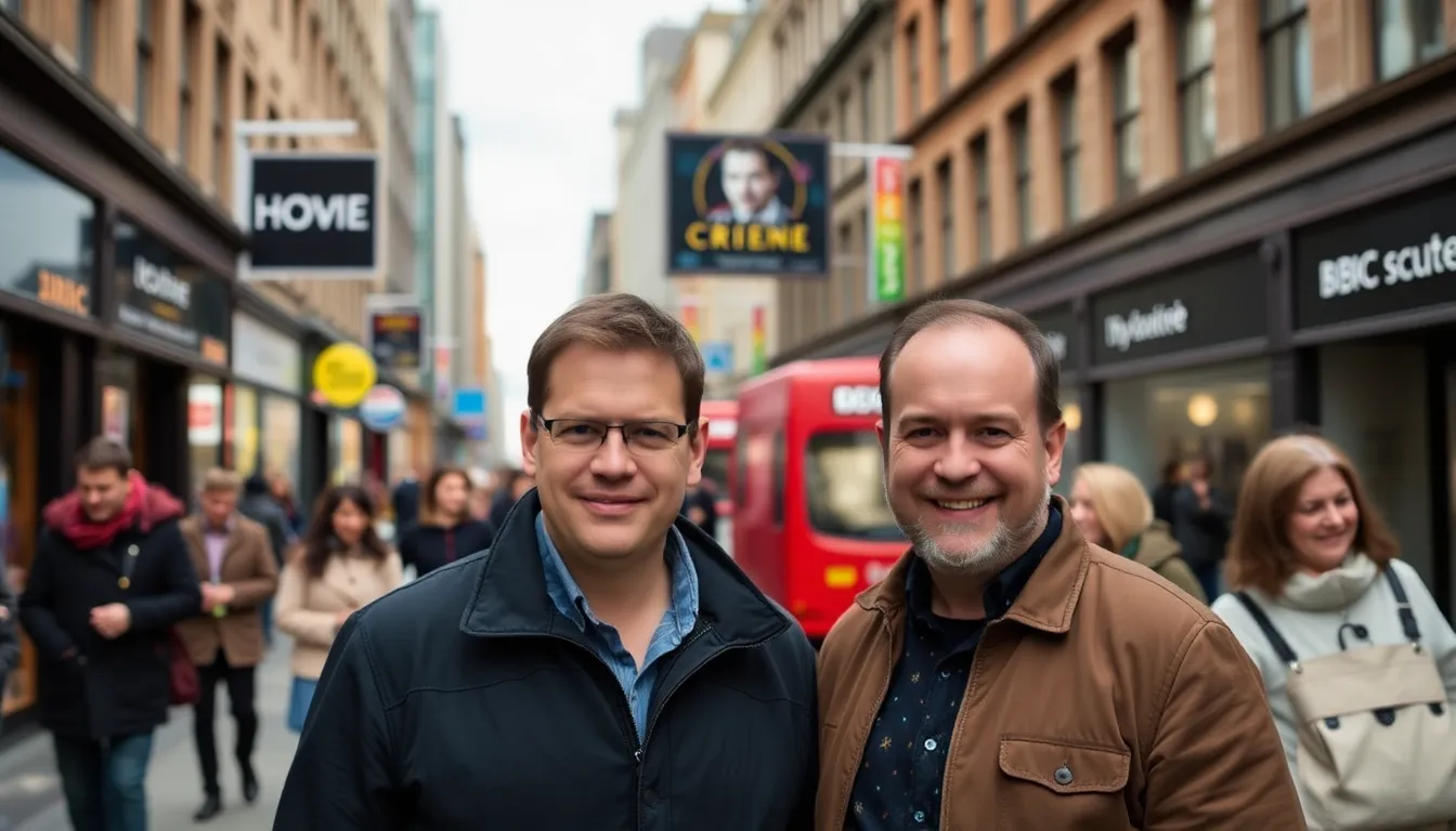Mark Lewis Jones and Steffan Rhodri stand together on a bustling city street, smiling as they promote their upcoming BBC crime series.