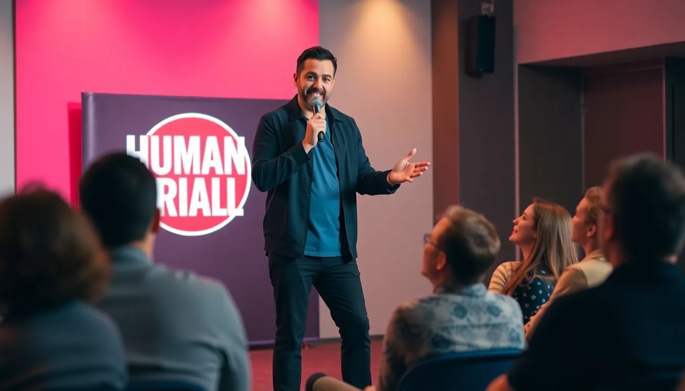Mark Normand performs standup comedy in front of a diverse audience at the launch event for his YouTube series Human Trials.