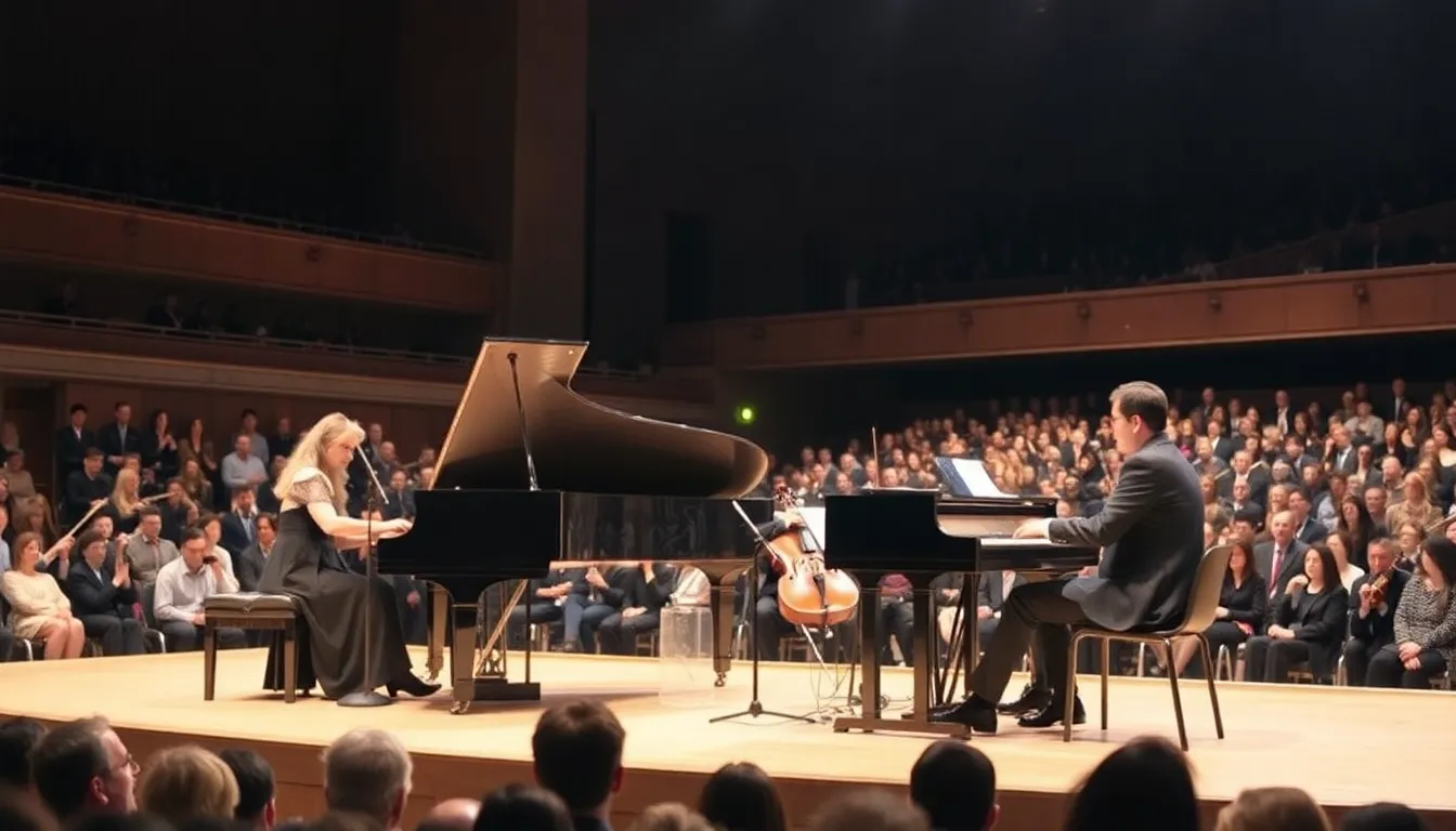 A moment of collaboration between the two pianists is depicted, illustrating the unique blend of experience and youthful vigor that defines their partnership in classical music