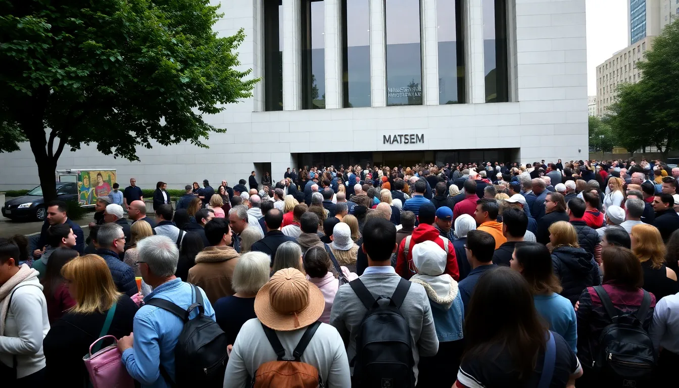 A large crowd gathers outside the Museum of Modern Art in New York, eagerly waiting to enter an exhibition showcasing the works of Henri Matisse.