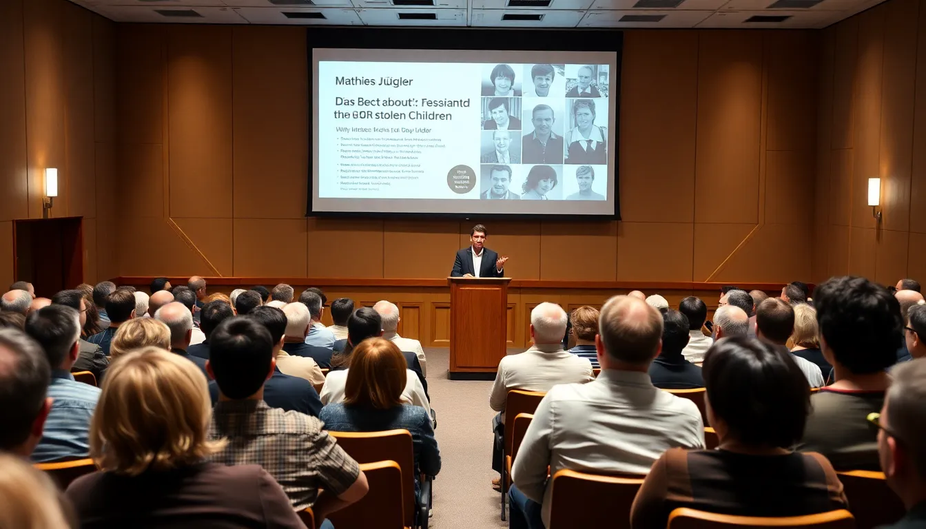 Matthias Jügler speaks passionately to an audience about the lasting impact of the GDR's stolen children, highlighting the need for recognition and healing.