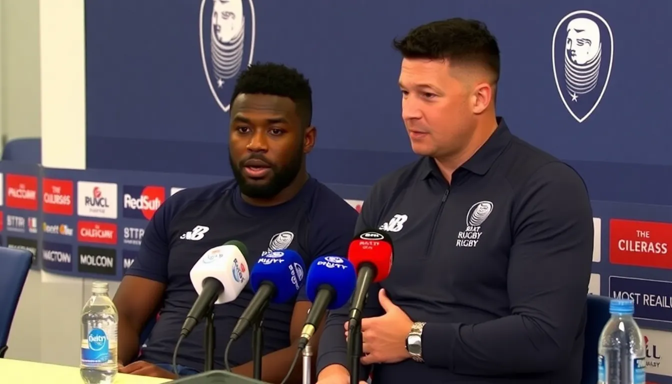 Max Ojomoh speaks during a press conference, expressing his thoughts on being overlooked for the England national rugby team while seated beside his coach at Bath Rugby.