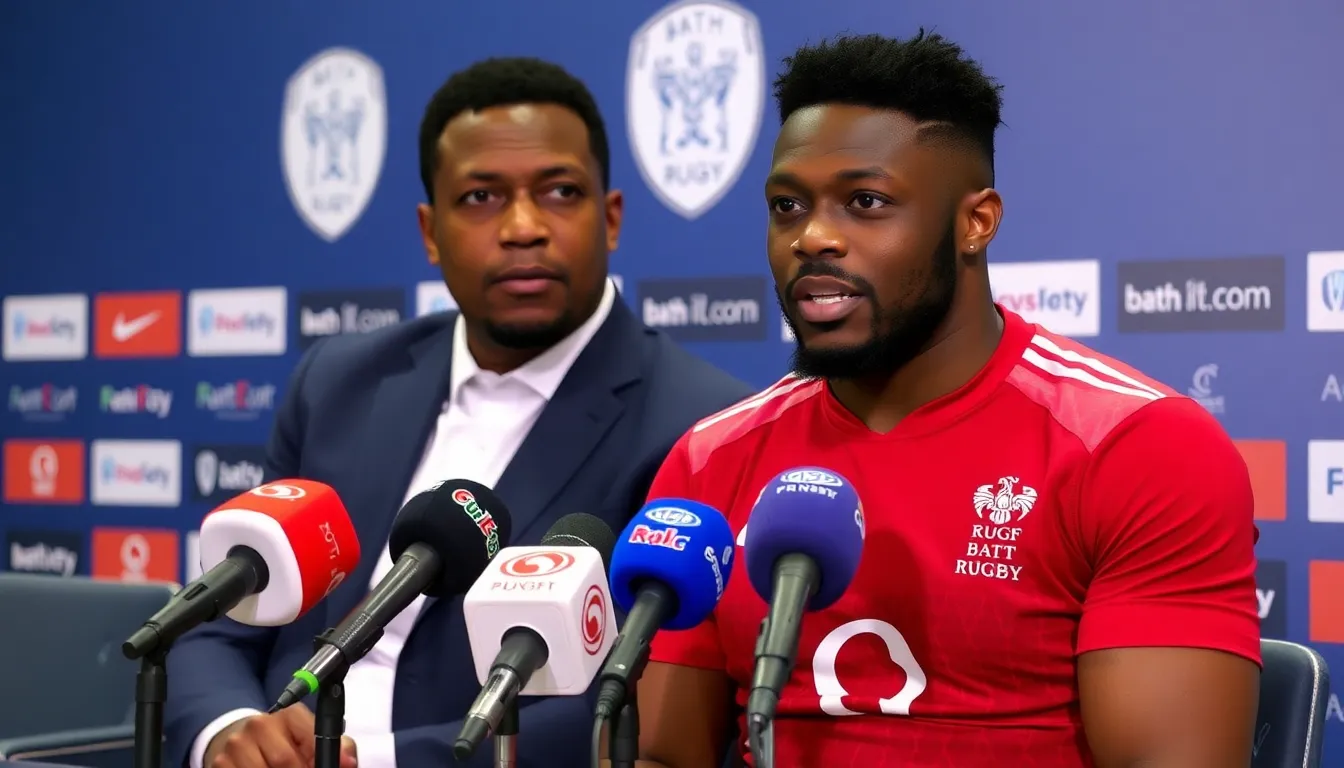 Ojomoh celebrates a successful play on the field, showcasing his skills as a key player for Bath Rugby