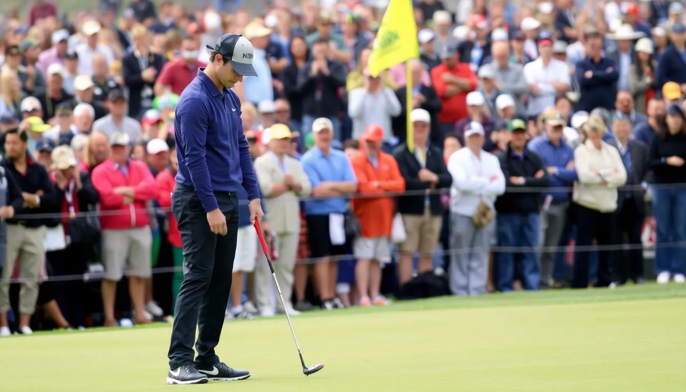 Rory McIlroy stands on the green, focused intently on his putt during a tense moment in a major golf tournament, surrounded by spectators and fellow competitors.