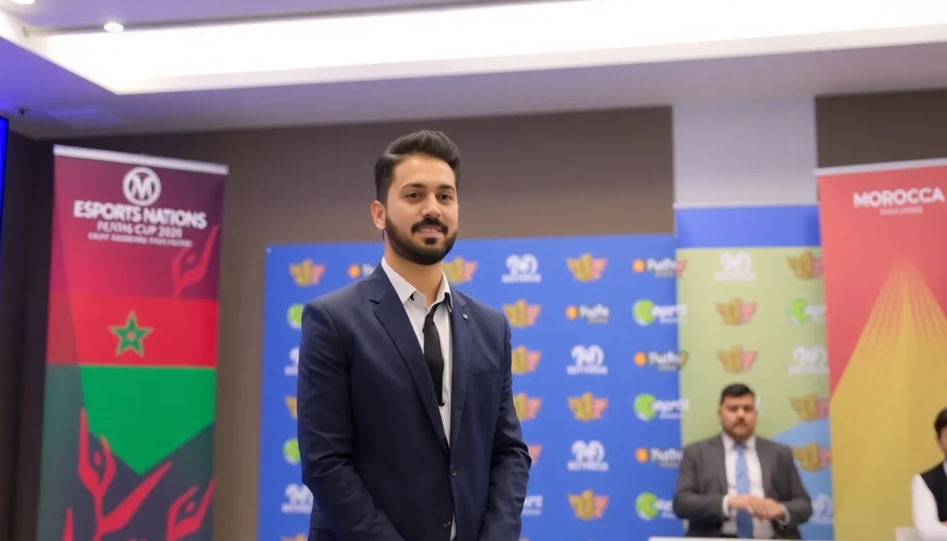 Memento stands confidently at a press conference, announcing his role as the team leader for Morocco at the upcoming Esports Nations Cup 2026, with banners and esports logos in the background.