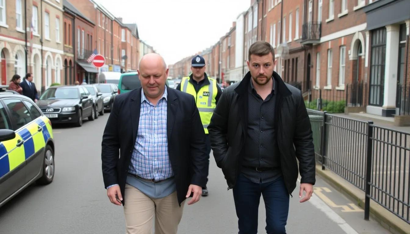 Two men are being led away by law enforcement officers as they are charged in connection with a series of fires targeting properties linked to Labour leader Keir Starmer.