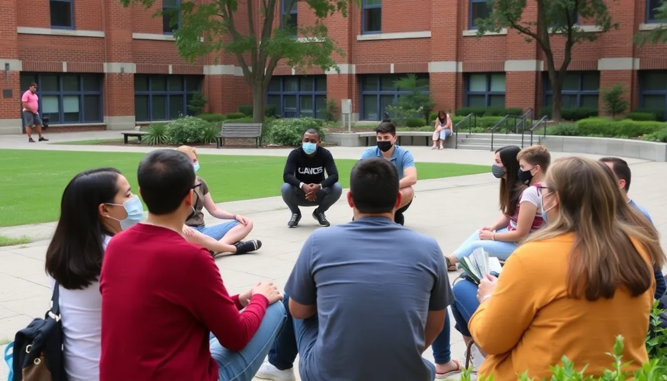 A group of college students sits together in a campus courtyard, some wearing masks, while discussing the recent rise in meningitis cases and the importance of vaccination.