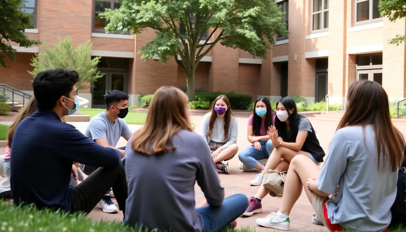 Individuals in a college setting engage in discussions about the symptoms of meningitis, emphasizing the need for awareness in crowded environments