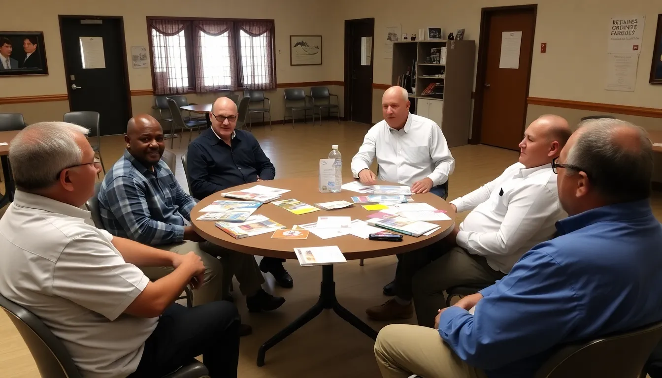 a group of men participating in a workshop focused on men's health awareness, discussing the importance of regular checkups and breaking the stigma surrounding health issues.