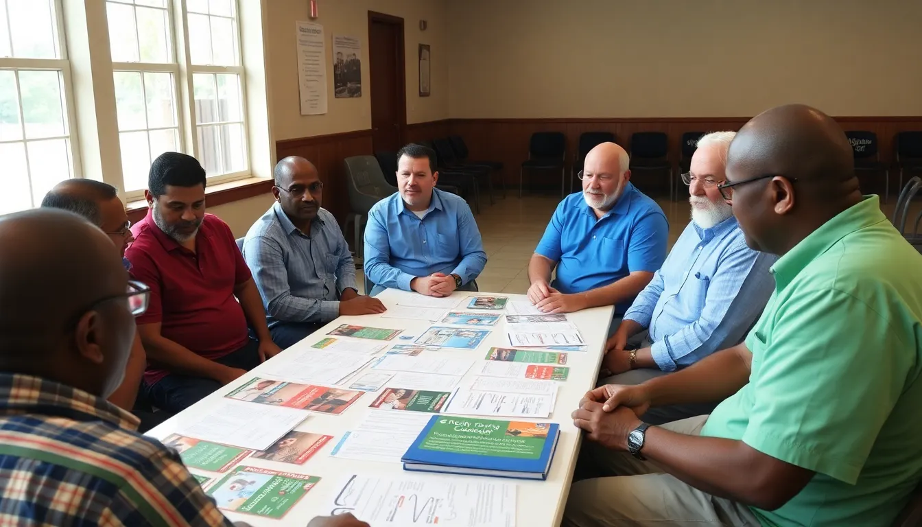 Community leaders and healthcare professionals collaborating at an event focused on promoting men's health awareness and support networks