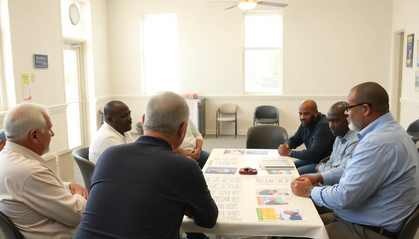 A diverse group of men engaging in a discussion about lifestyle changes and the impact of mental health on overall wellbeing