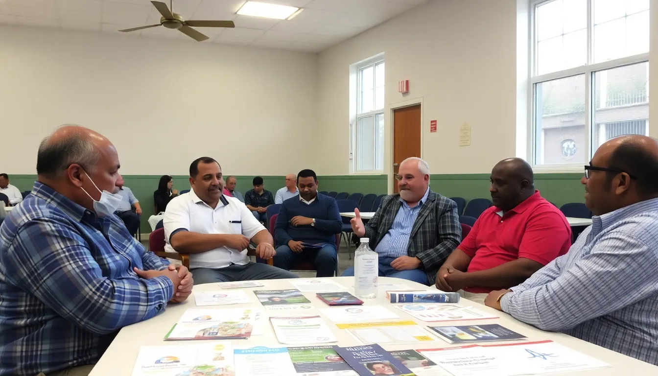 Participants at a men's health initiative event sharing personal stories and experiences to foster a supportive community atmosphere