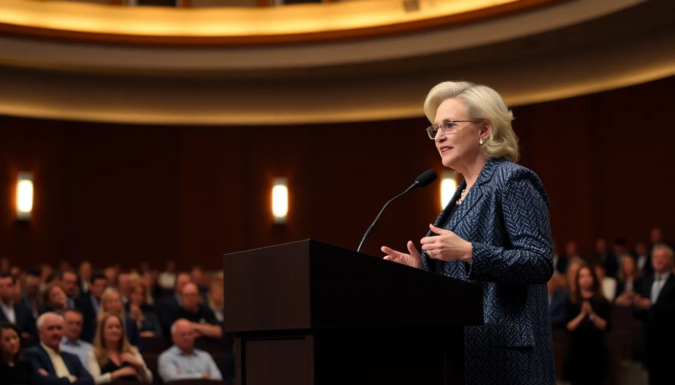 Meryl Streep speaks at a podium during an interview, passionately discussing the fashion pressures faced by women in leadership roles.