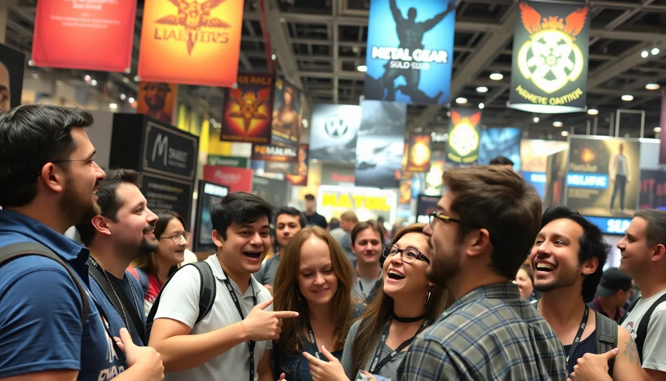 A group of fans eagerly discusses the announcement of a Metal Gear Solid movie adaptation at a gaming convention, showcasing excitement and anticipation for the project.