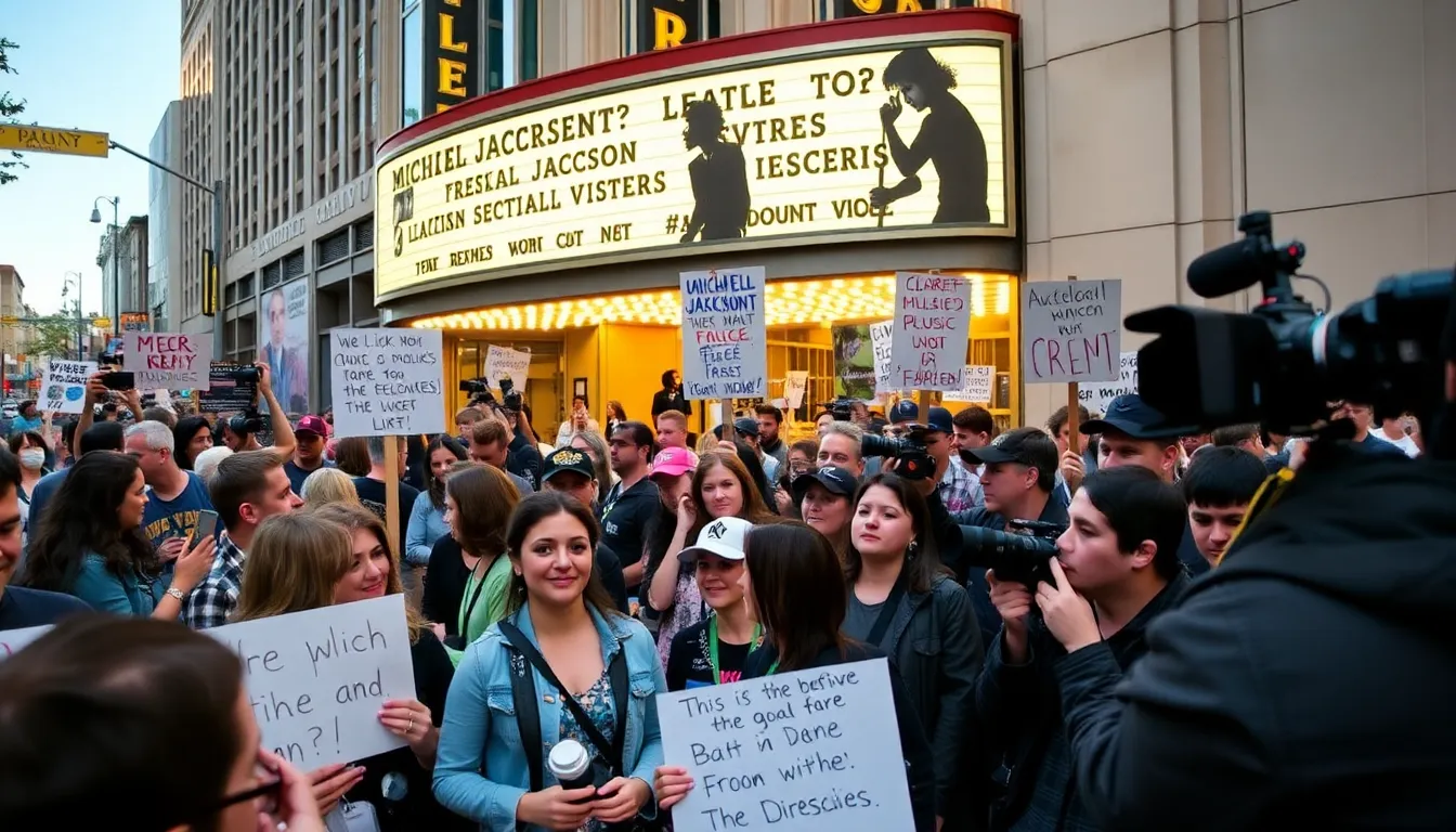 A crowd gathers outside a theater for the premiere of a documentary celebrating Michael Jackson's collaborations with renowned music video directors.