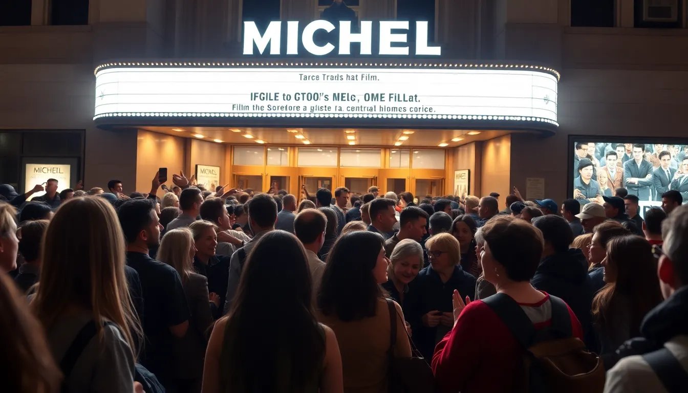 Crowds gather outside a theater, eagerly waiting to see the blockbuster film 'Michael' following its recordsetting debut.
