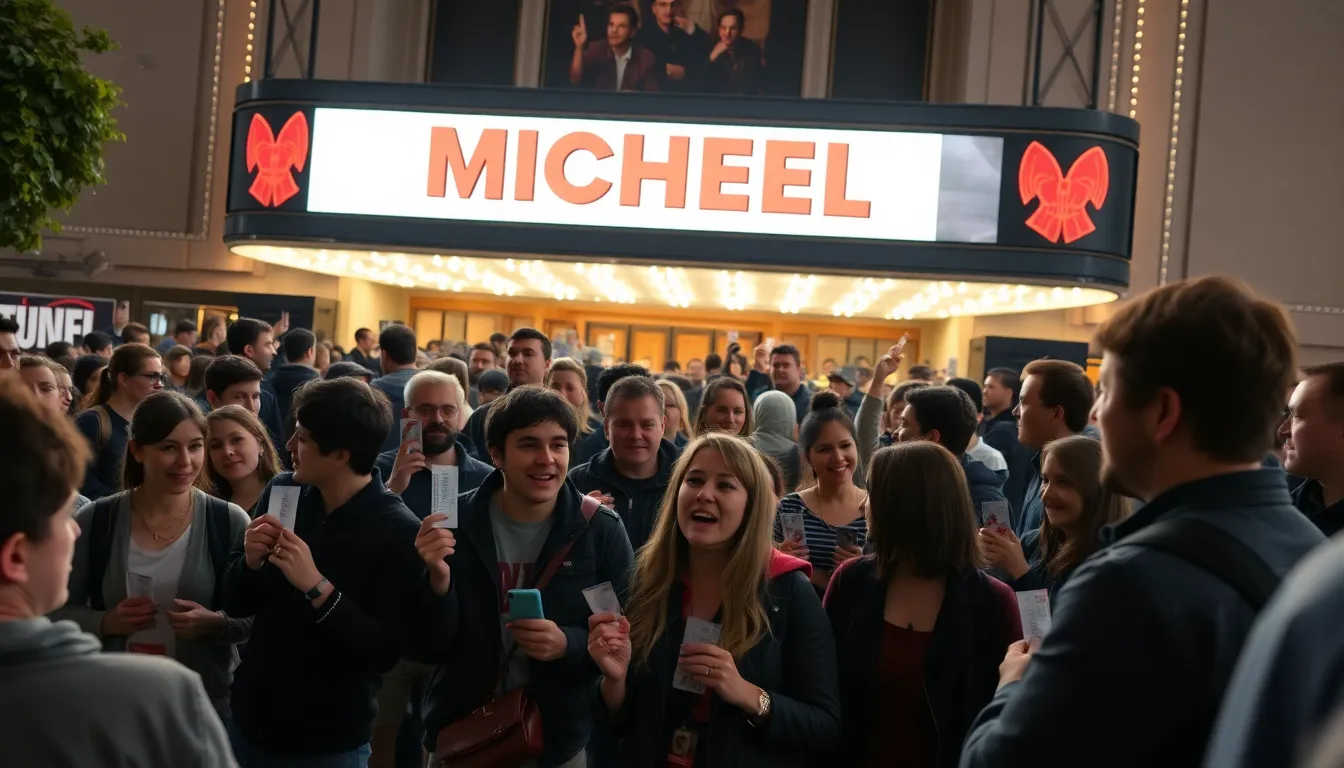 A promotional poster for 'Michael' displayed prominently in a theater, capturing the attention of potential viewers with its vibrant design