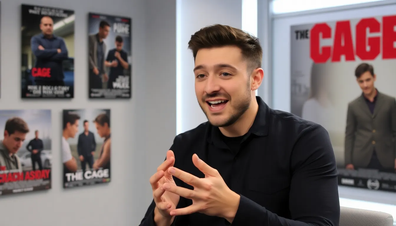 Michael Socha speaks passionately during an interview about his acting journey and upcoming film "The Cage," surrounded by promotional posters and studio lights.