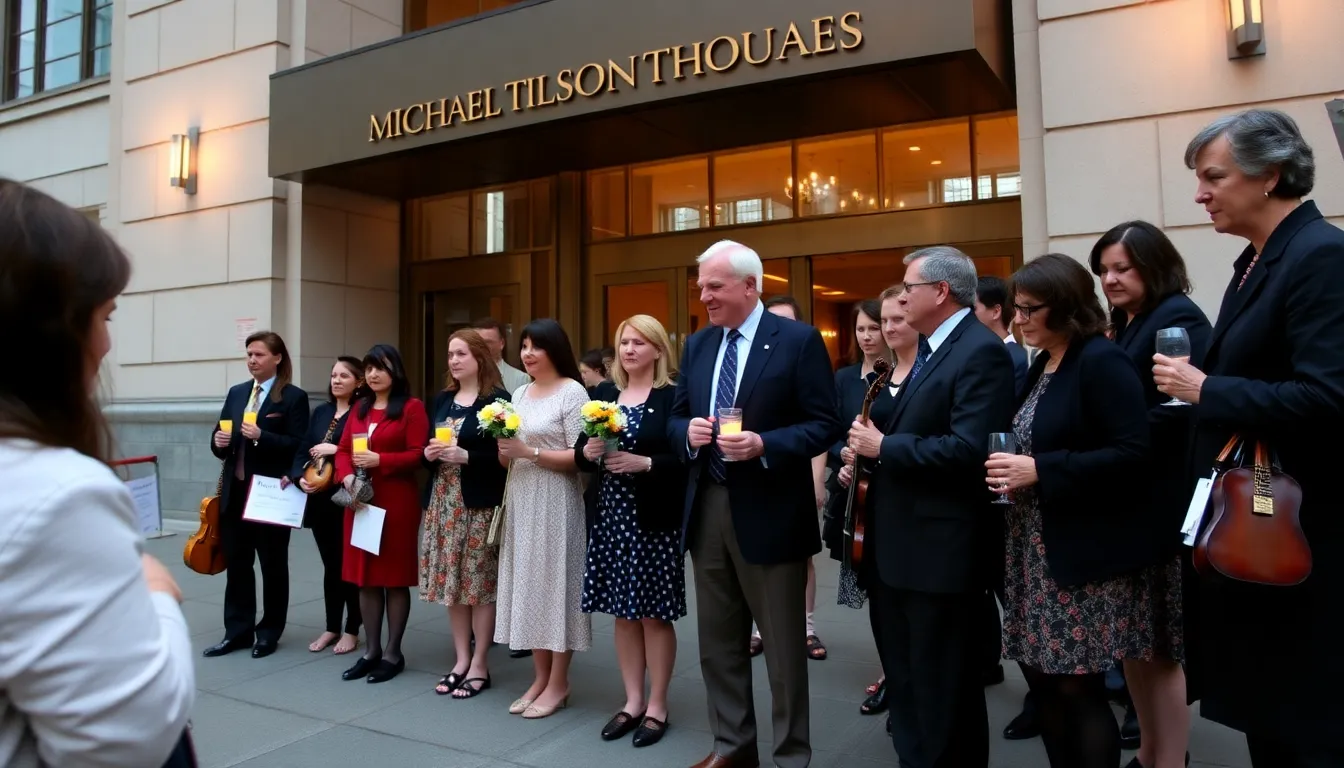 A somber gathering of musicians and fans pays tribute to Michael Tilson Thomas outside a concert hall, reflecting on his significant contributions to classical music following his recent passing.