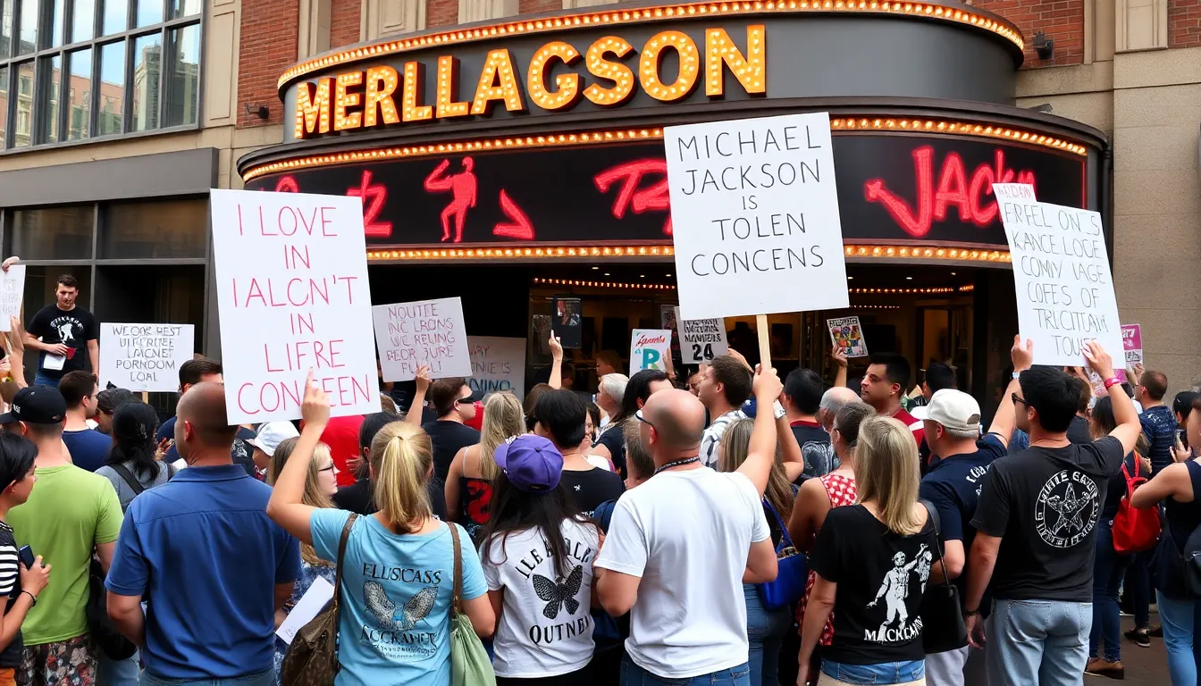 A crowd of fans gathers outside a music venue, eagerly awaiting a tribute concert celebrating Michael Jackson's enduring legacy and popular hits.