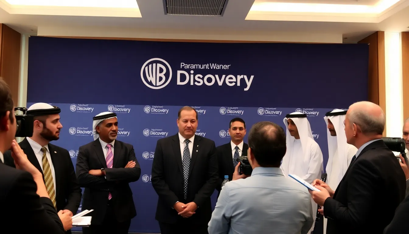 A group of business executives from Middle Eastern investment funds discusses the acquisition of a 38.5% stake in ParamountWarner Bros. Discovery during a press conference.