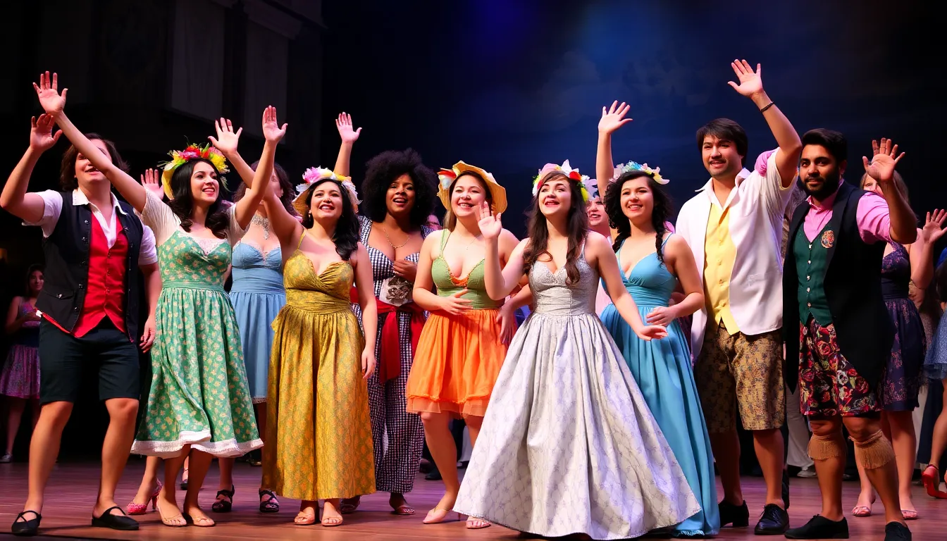 A diverse cast performs a lively scene from A Midsummer Night's Dream at the Globe Theatre, showcasing vibrant costumes and dynamic choreography that highlight the play's comedic elements.