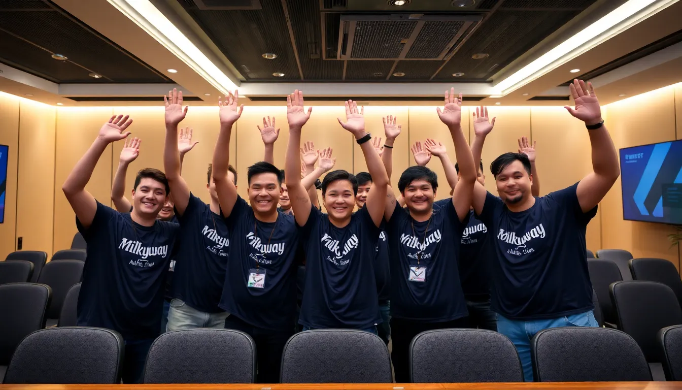 Team members of Milkyway celebrating their clearance from matchfixing allegations, symbolizing relief and renewed focus on competitive performance