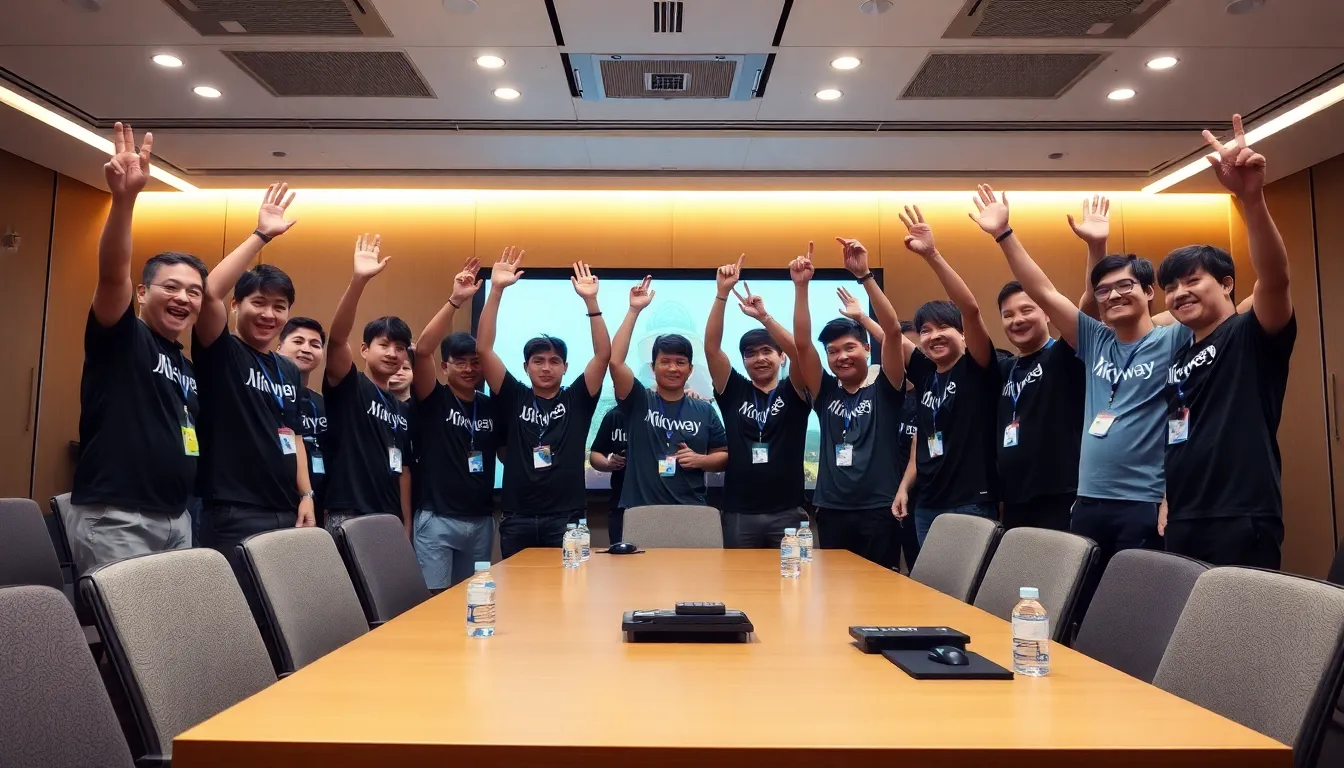 A group of esports players and coaches from Milkyway celebrate together after being cleared of matchfixing allegations during a press conference.