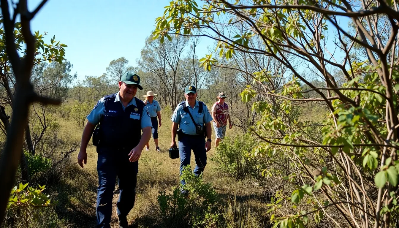A group of police officers and community volunteers search through dense bushland in the Outback, looking for a missing fiveyearold girl believed to have been abducted from her home.
