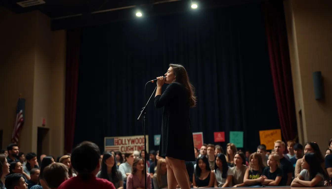 Mitski performs on stage at Hollywood High School, captivating the audience with her emotionally charged music and creating an intimate atmosphere filled with anticipation and connection.