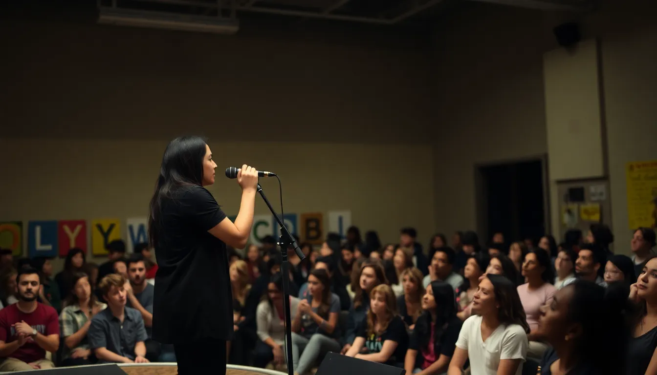 The historic backdrop of Hollywood High School enhances the intimate atmosphere of Mitski's concert, creating a nostalgic connection for attendees