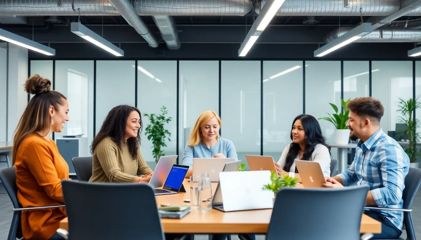A group of professionals collaborates in a modern office space, utilizing laptops and digital tools to enhance productivity while discussing strategies for remote work and sustainability initiatives.