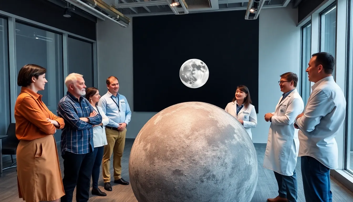 A group of scientists and engineers gather around a large lunar model, discussing plans for upcoming missions to the Moon as part of the Artemis program.