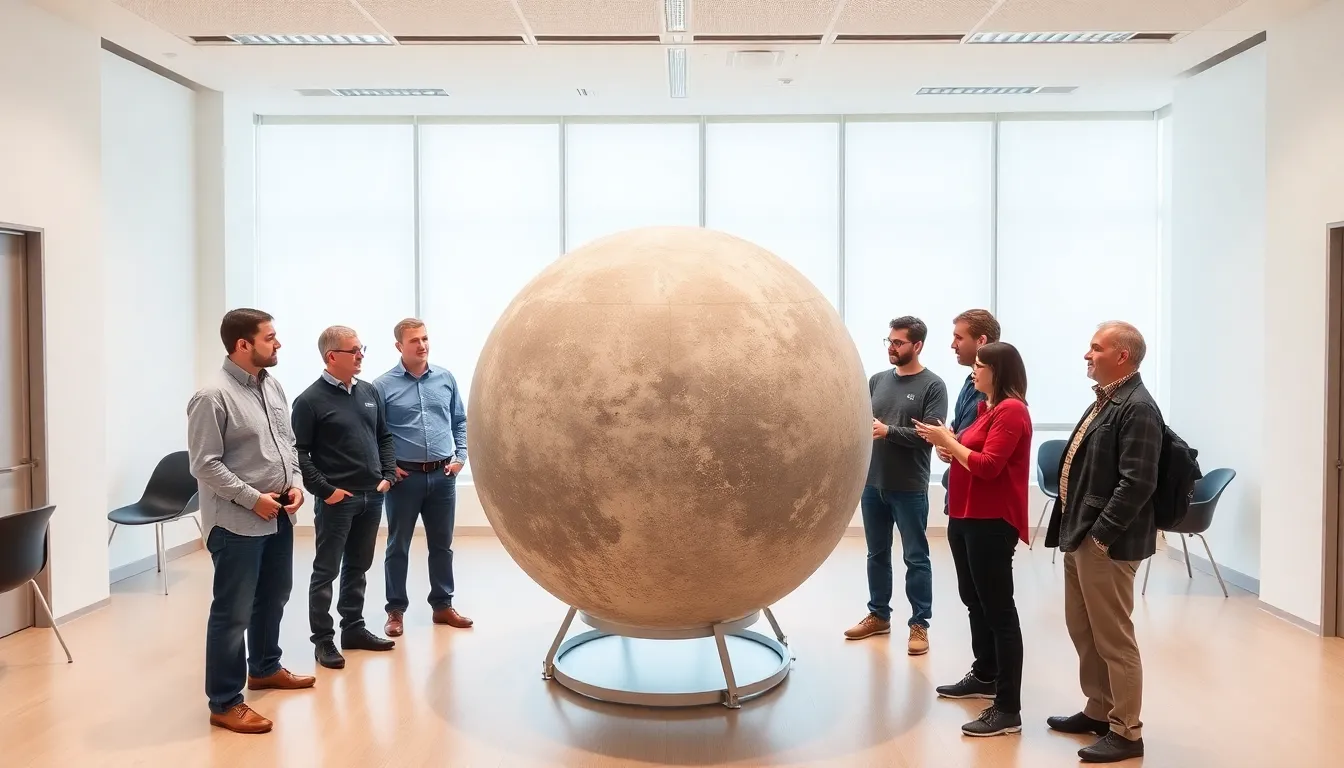 A bustling control room at a space agency, where engineers and scientists monitor lunar missions and discuss the future of space exploration