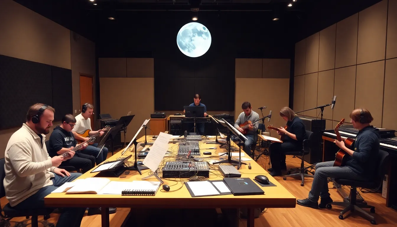 Composers and sound artists gather in a studio, collaborating on original music pieces inspired by lunar landscapes as part of the Lunar Soundscapes initiative.