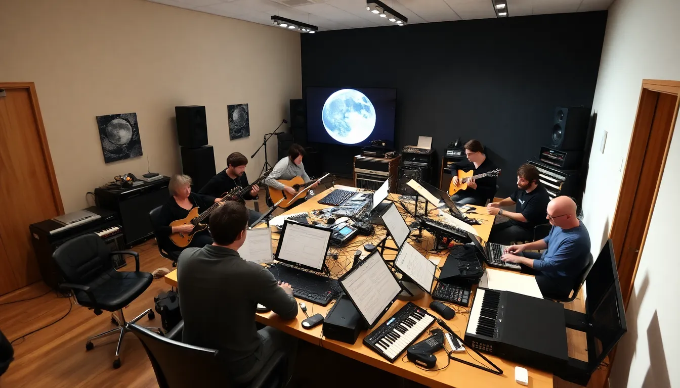 An artist experimenting with electronic instruments to produce soundscapes that evoke the vastness of space and the moon's ethereal presence