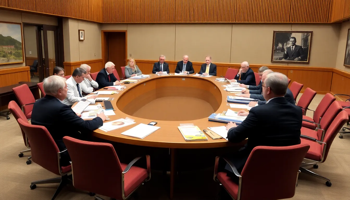 Members of Parliament gather in a meeting room, discussing the proposed ban on forever chemicals in consumer products while reviewing documents and reports on health and environmental impacts.