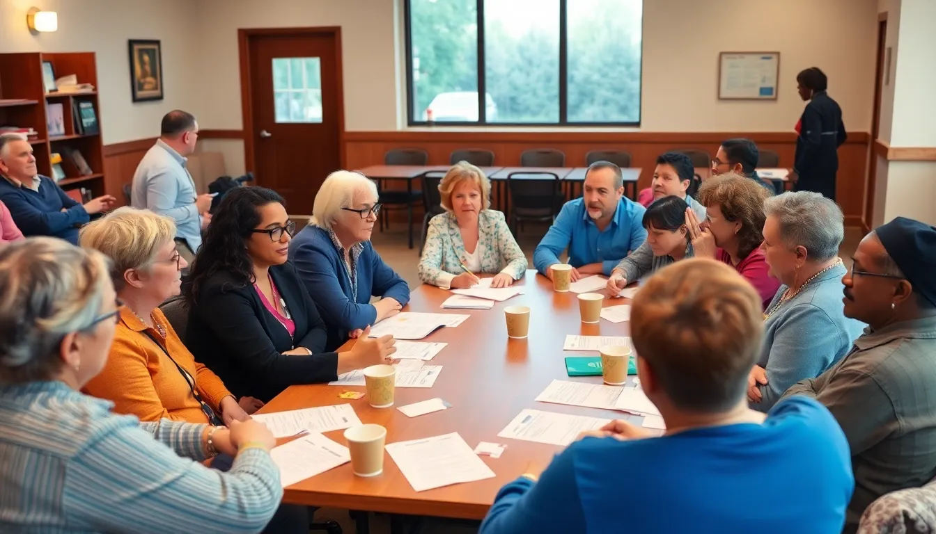 A group of people engages in a lively discussion at a community center, highlighting the importance of social connections during challenging times.
