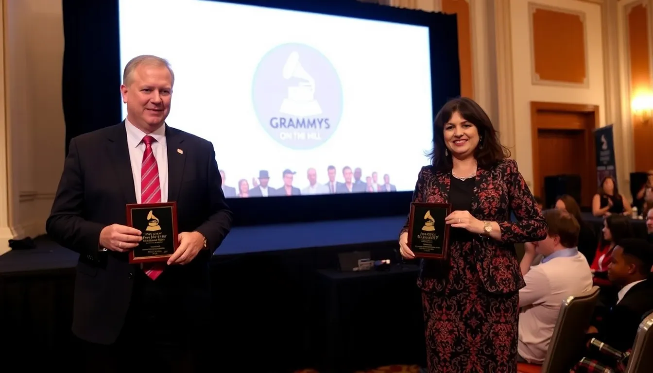 Senator Chris Coons and Representative María Elvira Salazar stand together on stage at the Grammys on the Hill event in Washington, D.C., as they receive awards for their contributions to the arts and support for musicians.