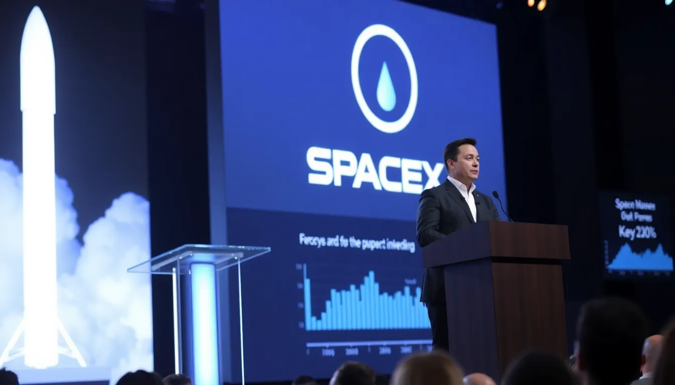 Elon Musk presenting at a SpaceX event, highlighting the company's vision for the future of space travel and its plans for an initial public offering