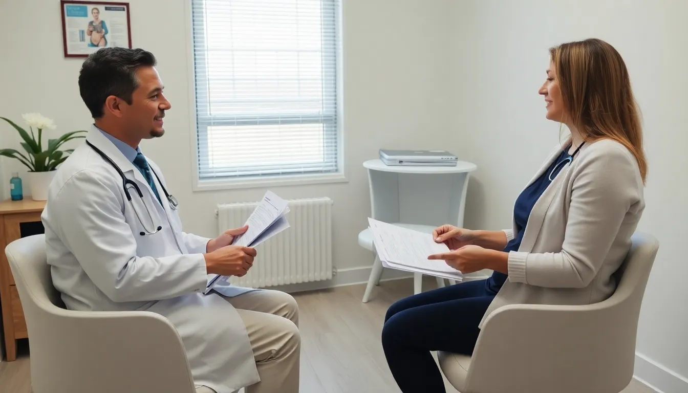 A doctor consults with a patient in a private clinic, discussing the details and options for an upcoming hysterectomy procedure.