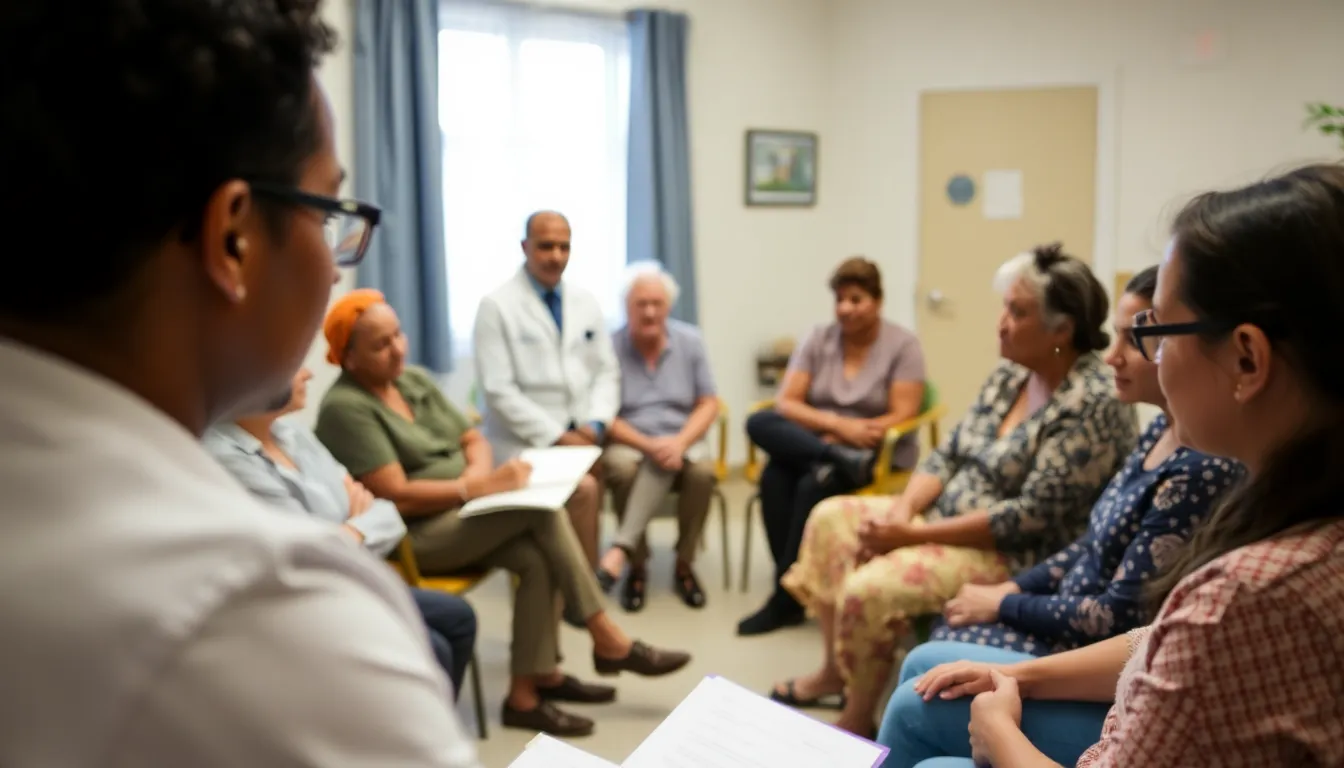 a group of concerned individuals gathered in a community center, discussing their experiences with unexplained skin shedding while a dermatologist listens attentively and takes notes.
