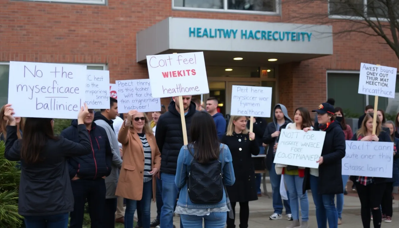 A group of individuals gathers outside a healthcare facility, holding signs and sharing their experiences related to a mysterious skin condition that has sparked widespread concern and debate among medical professionals.