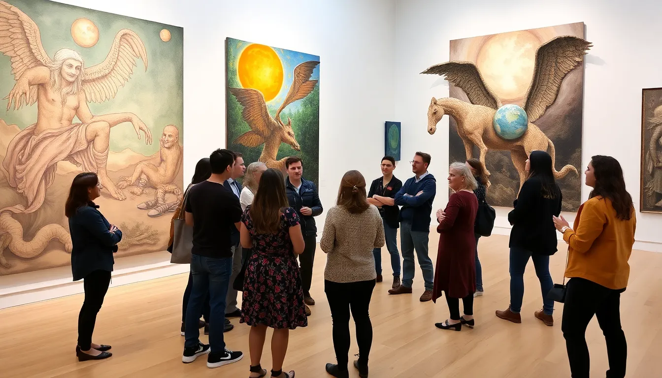 A group of artists gathers at an art museum in New York City, discussing their installations that explore themes of mythology and environmental impact ahead of an upcoming exhibition.