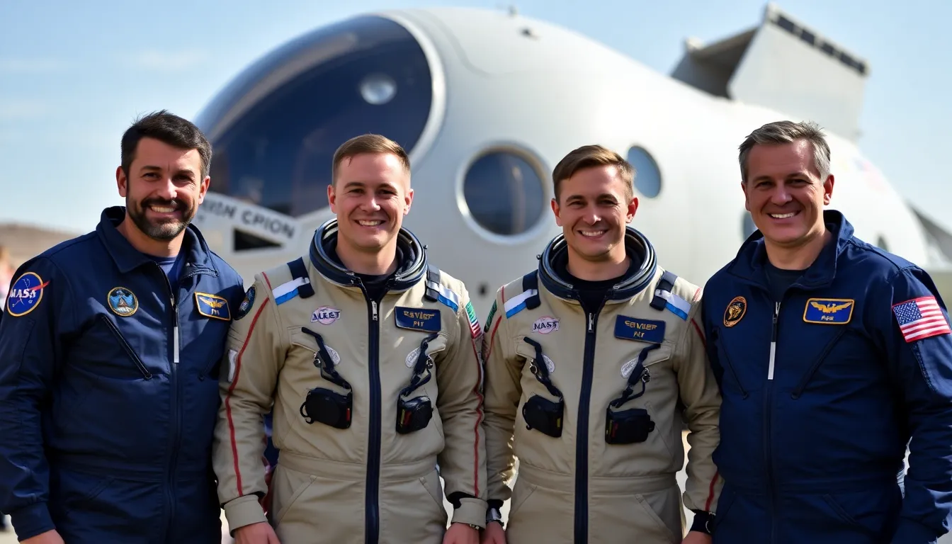The four astronauts selected for NASA's Artemis II Moon Mission stand together in their flight suits, smiling and showcasing their diverse backgrounds and expertise in front of a backdrop featuring the Orion spacecraft.