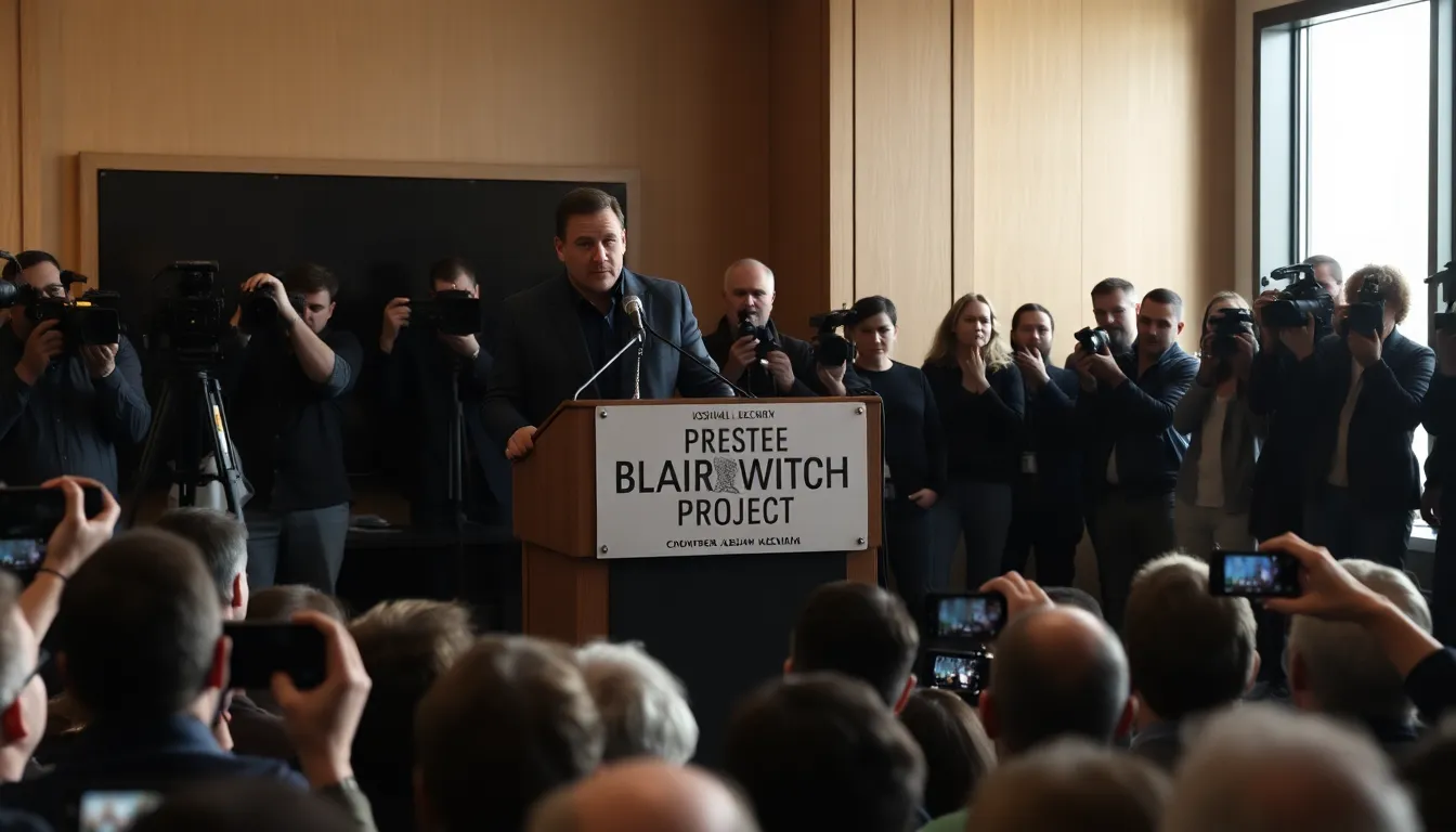 The new director for the Blair Witch Project reboot is announced, with original cast members Joshua Leonard and Michael C. Williams present at the press conference, generating excitement among fans and industry insiders.