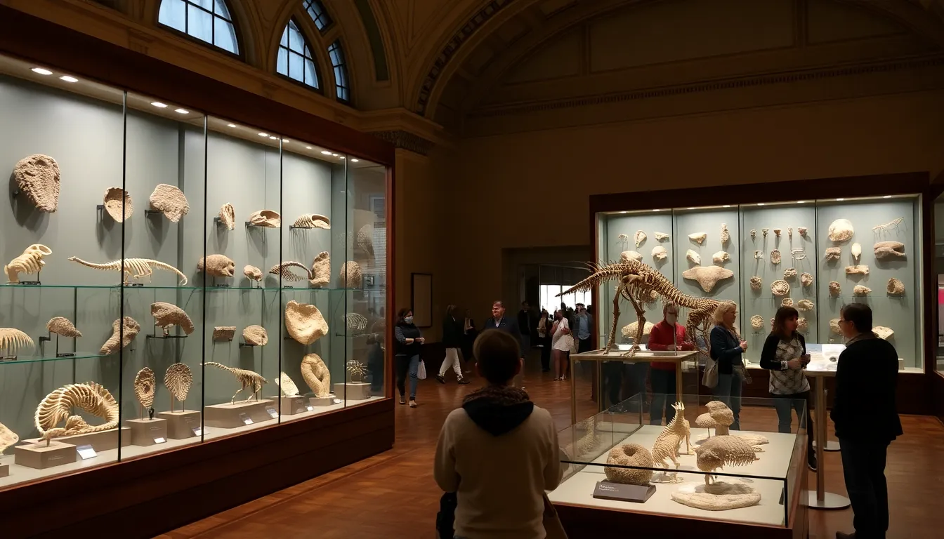 Visitors interacting with engaging displays that illustrate the evolution of paleontological methods and the challenges faced by fossil hunters