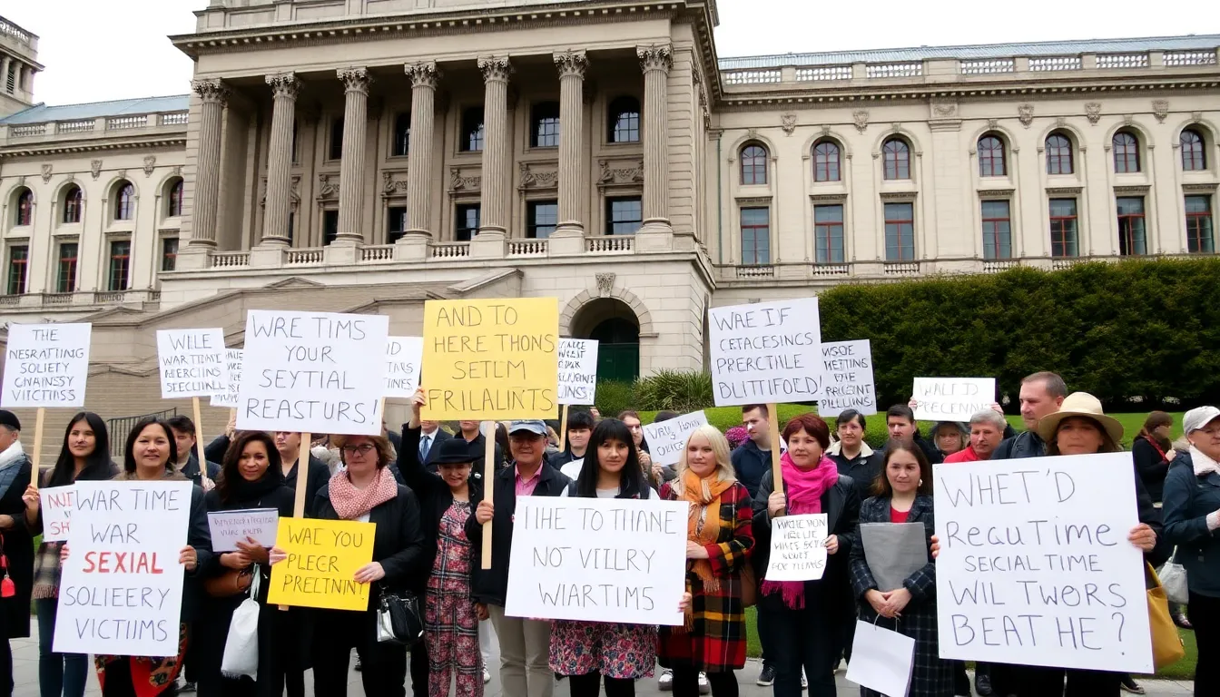 A group of protesters holds signs outside the New Zealand Parliament, advocating for the recognition of wartime sexual slavery victims following the cancellation of a proposed statue.