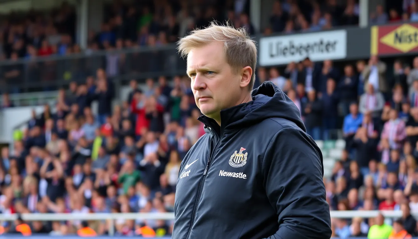 Newcastle United's manager Eddie Howe stands on the sidelines, deep in thought as his team prepares for a crucial match, with fans cheering in the background.